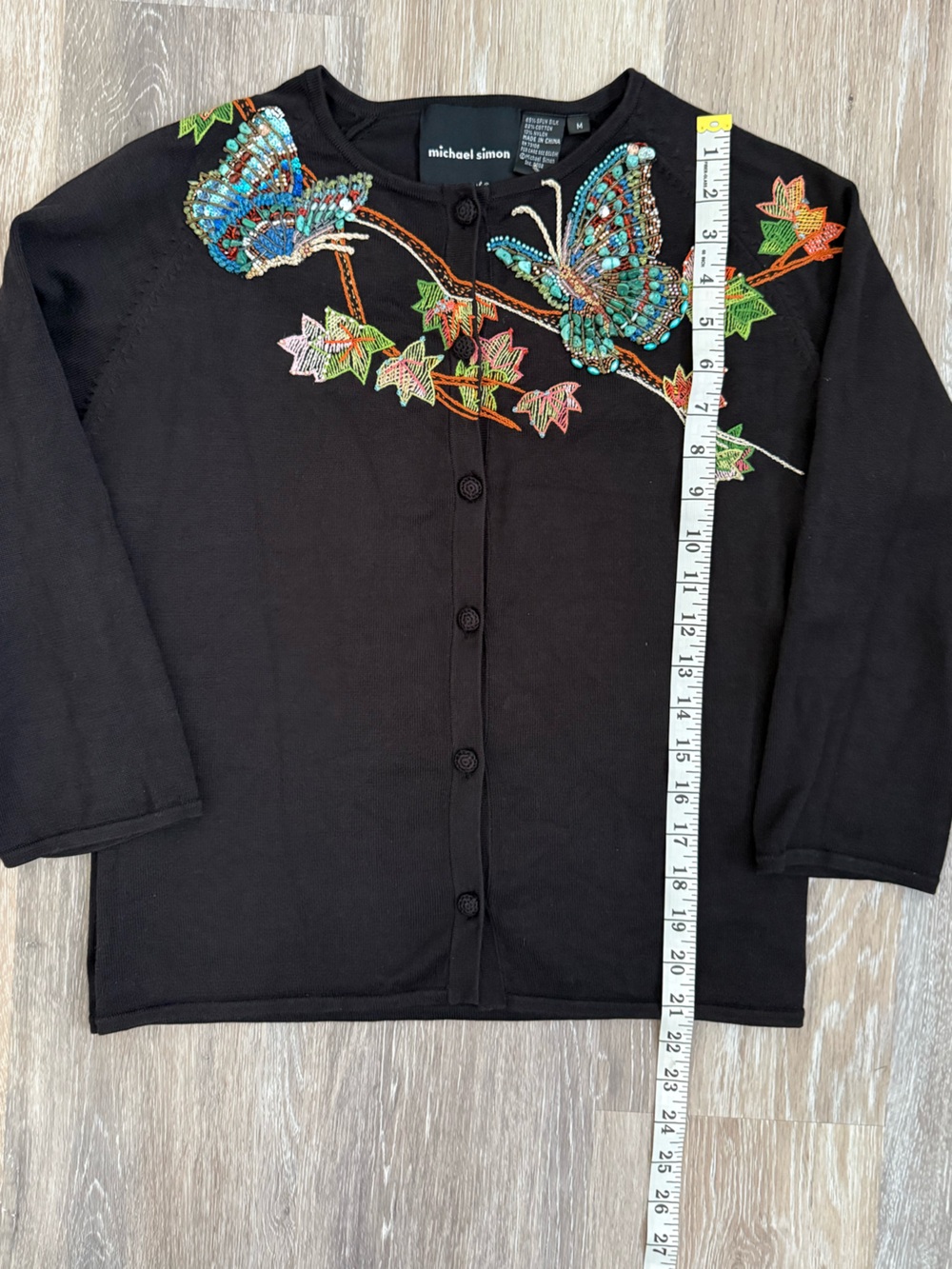Vintage Michael Simon Black Cardigan w/ Multicolor Beaded Butterflies Size M - Picture 5 of 6